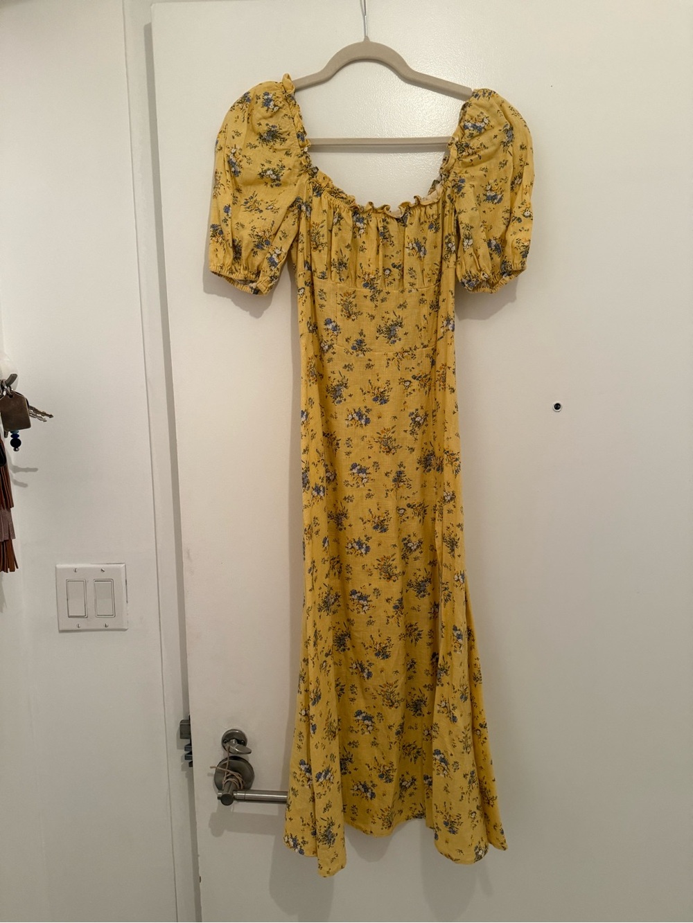 Reformation Yellow Floral Midi Dress with Puff Sleeves